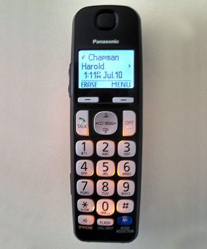 The Chapmans' telephone handset, with Harold's name on the caller ID display