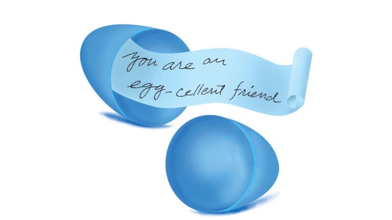 A blue Easter egg with a message inside; Illustration by Coco Masuda