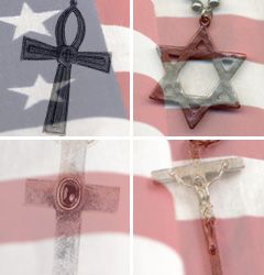 Four symbols of faith interposed over an American flag