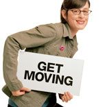 Woman with sign that says "Get Moving"