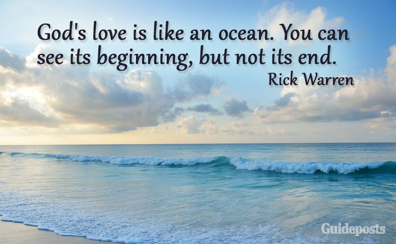 View of the ocean waves at sunset with a quote about God's love