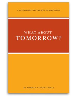 Guideposts book: "What About Tomorrow" by Norman Vincent Peale featuring a yellow and orange cover.