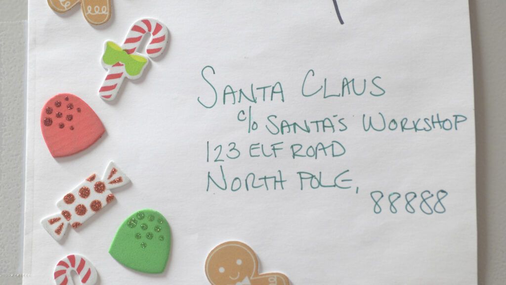 A close-up of a letter to Santa addressed to the real North Pole