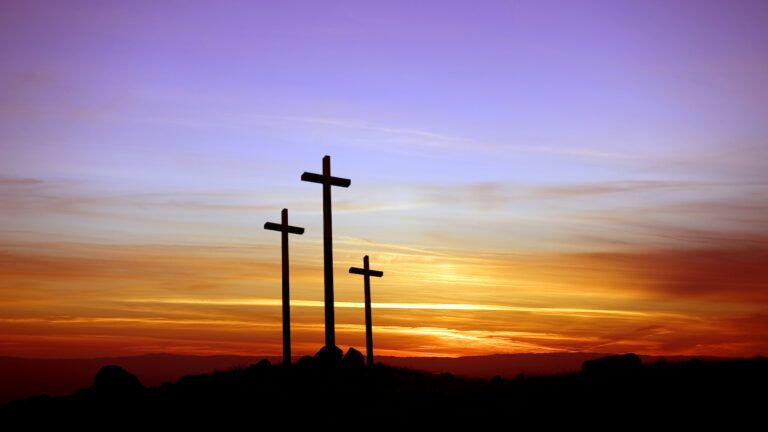 Three crosses at sunset. Pray your way to Holy Week.