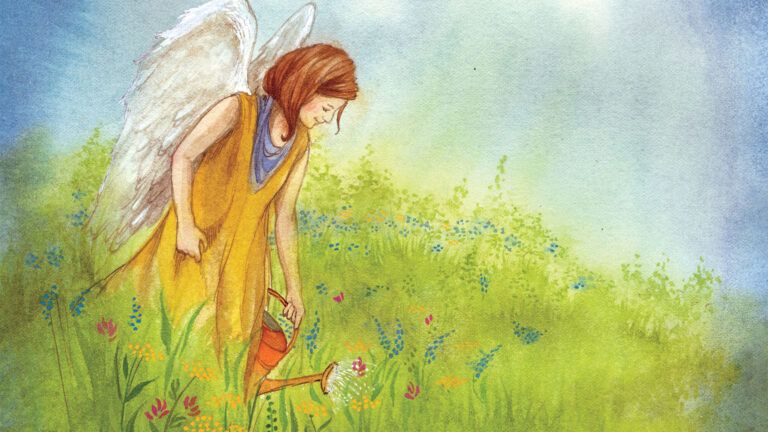 Illustration of an angel watering flowers; By Daniela Terrazzini