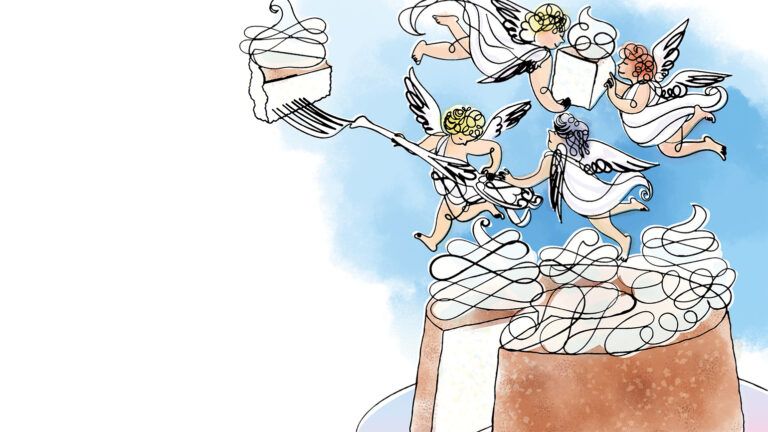 Illustrations of angels on a cake; By Elvis Swift